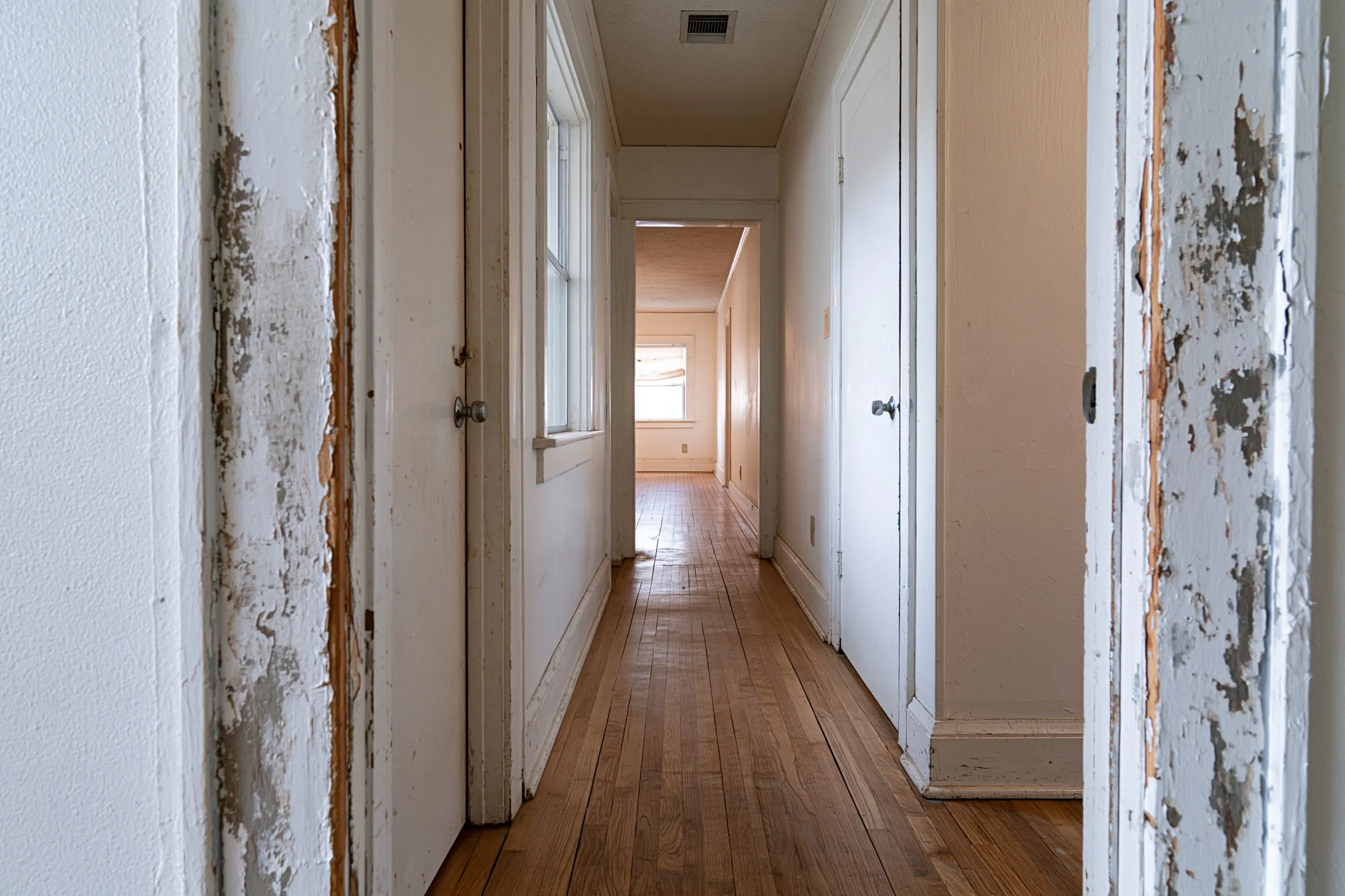 Empty hallway with oak floors and white doors whose painted door frames are worn and peeling to bare wood