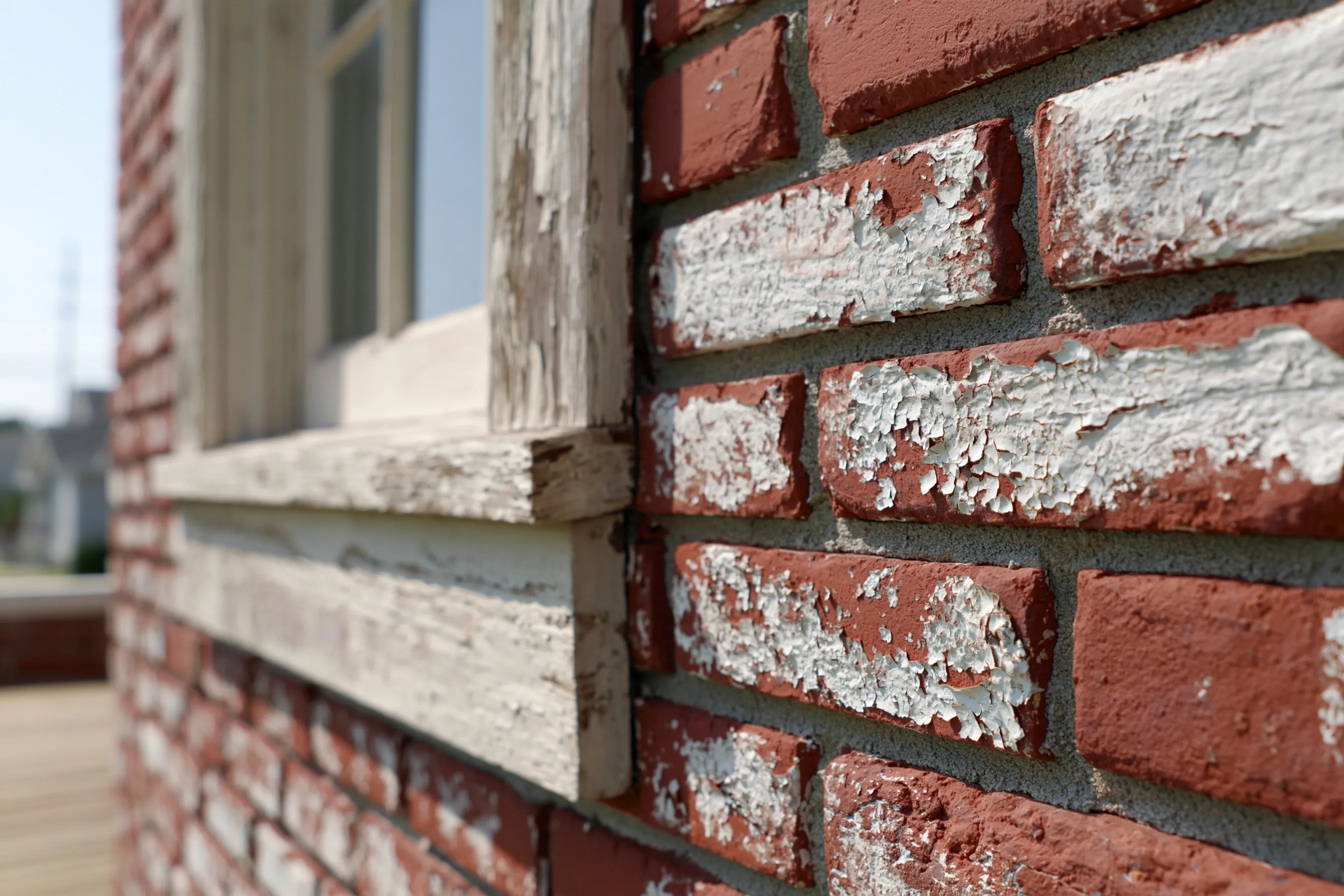 Painted red-brick wall with peeling, chalking paint beside weathered wood window trim